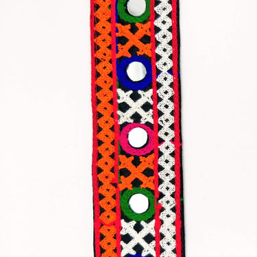 Black Cotton Fabric Trim with Multicolor Embroidery and Real Mirror, Kutch Embroidery Trim, Mirror Lace